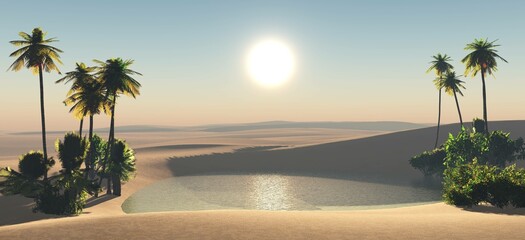 Oasis at sunset in a sandy desert, a panorama of the desert with palm trees,
3d rendering
