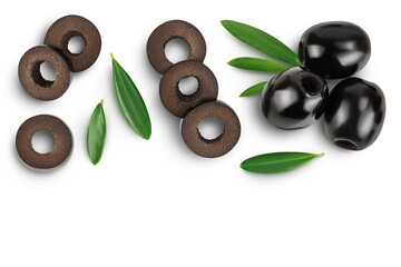 Black olives with leaves isolated on a white background with full depth of field. Top view with copy space for your tex. Flat lay