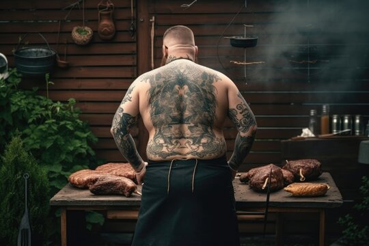 barbecue in the garden, tattooed funny fat man barbecues, bbq, grill