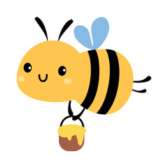 Cute honey bee flying with bucket. Adorable bee mascot cartoon vector illustration