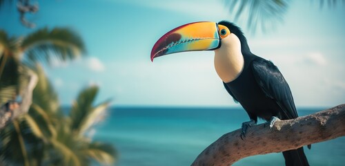 An incredible photograph of a toucan bird perched on a branch with a beautiful beach in the background, generative Ai