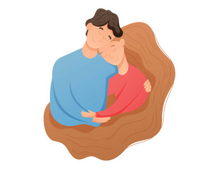 Flat young couple in love hugging. Cartoon vector isolated man and woman with lush hair in an embrace.