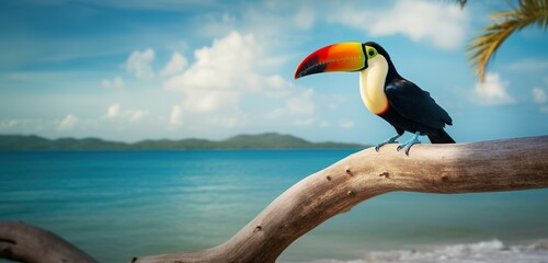 An incredible photograph of a toucan bird perched on a branch with a beautiful beach in the background, generative Ai - obrazy, fototapety, plakaty