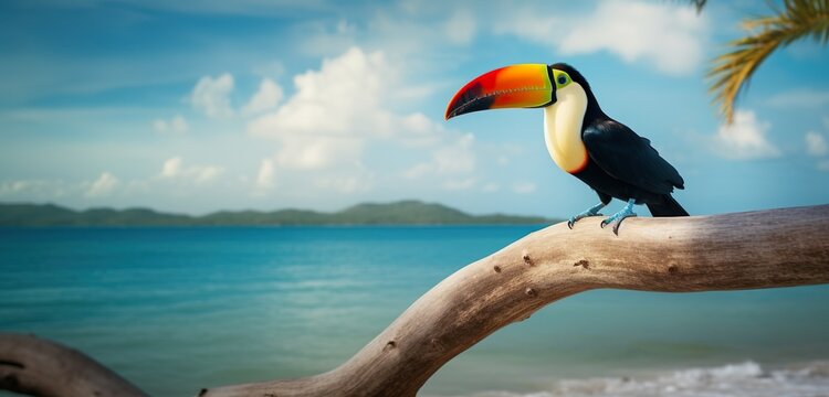 An incredible photograph of a toucan bird perched on a branch with a beautiful beach in the background, generative Ai