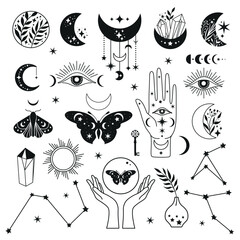 Mystical moon set icons phases and woman hands and moth, alchemy esoteric magic space, vector black isolated on white background
