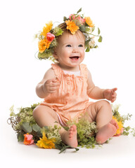 Fototapeta premium The Beauty of Simplicity: Toddler Adorned with a Sweet Flower Crown. Isolated on White Background.