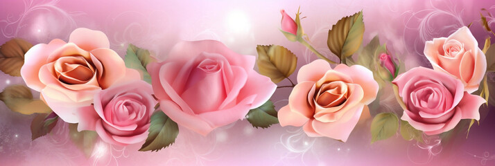 Banner with pink roses, background, generative AI