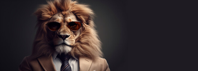 elegant lion in suit and sunglasses on dark background, generative ai - obrazy, fototapety, plakaty