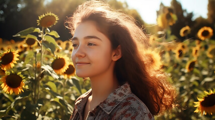 Fototapeta premium Beauty teenage girl with sunflower enjoying nature and laughing in summer sunflower field, generative AI tools 