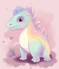 Cute dinosaur on floral pastel background. AI generated image.