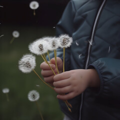 Fototapeta premium Small bouquet of dandelion in hands, macro, generative AI.