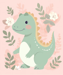 Naklejka premium Cute dinosaur on floral pastel background. AI generated image.