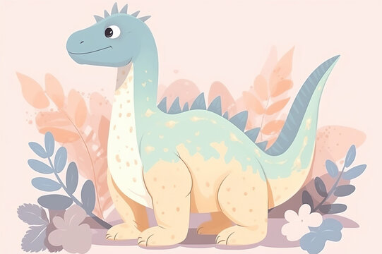 Cute dinosaur on floral pastel background. AI generated image.
