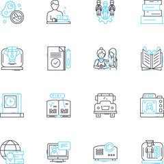 Primary school linear icons set. Education, Learning, Curriculum, Teacher, Classroom, Student, Playground line vector and concept signs. Friends,Socialization,Extracurricular outline illustrations