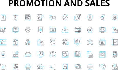 Promotion and sales linear icons set. Discounts, Offers, Coupons, Bundles, Sales, Clearance, Sale vector symbols and line concept signs. Bargain,Event,Flash sale illustration