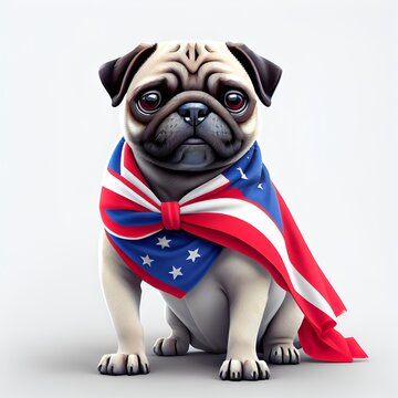Portrait of pug puppy wearing a scarf with American flag. Generative AI