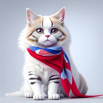 Portrait of a Ragdoll kitten wearing a scarf with American flag. Generative AI