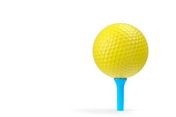 Yellow golf ball on tee isolated on white background