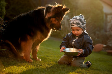 A little boy and the same sized furry family dog playing in the garden of the family home. The...