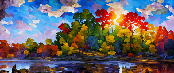 The sun shines through the clouds on the colorful leaves of the trees of the autumn forest near the river.  Generative AI, Generative, AI