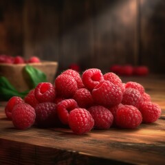 Raspberries on a wooden table, close-up