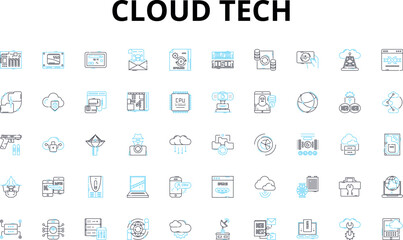 cloud tech linear icons set. Virtualization, Infrastructure, Computing, SaaS, PaaS, IaaS, Storage vector symbols and line concept signs. Security,Integration,Migration illustration