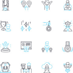 Gamify linear icons set. Engage, Challenge, Incentivize, Reward, Fun, Playful, Competition line vector and concept signs. Interactive,Motivate,Entertainment outline illustrations