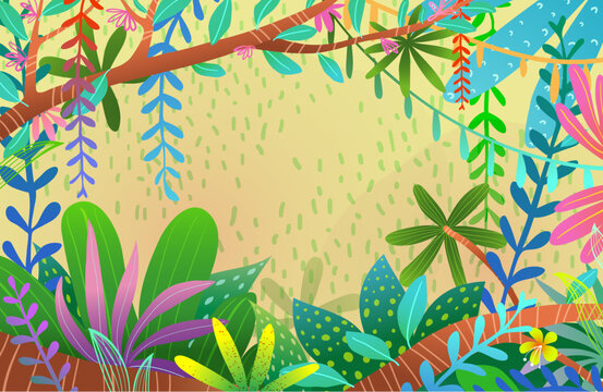 Bright and colorful exotic jungle background for kids. Vibrant and playful illustration of African rainforest nature, intricate wallpaper for children design. Vector tropical background cartoon.