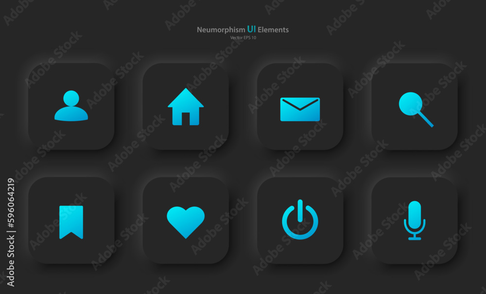 Poster a set of user interface elements for a mobile application in black with blue elements. buttons for m