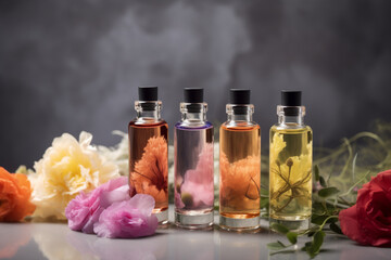 Bottles of essential aromatic oils surrounded by fresh flower  Generative AI