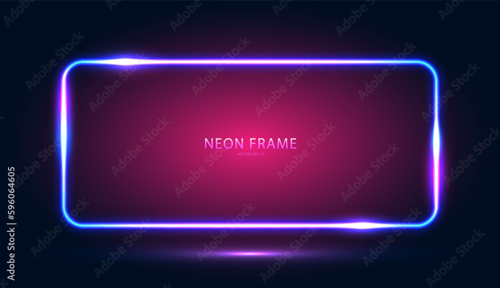 Aufkleber neon rectangular frame with shining effects on a dark blue-pink background. an empty glowing technop