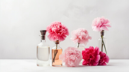 perfume bottles and pink carnations on white background  Generative AI