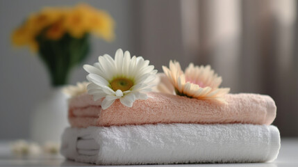 Towels with flowers on light table against blurred background  Generative AI