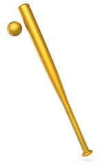 Gold professional softball or baseball bat and ball isolated on white.