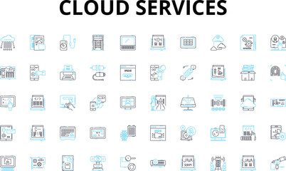 Cloud services linear icons set. Integration, Scalability, Accessibility, Reliability, Security, Efficiency, Flexibility vector symbols and line concept signs. Virtualization,Multitenancy,Elasticity