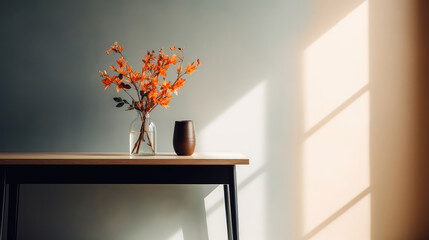 Modern table with vase and flowers against a light wall. Generative AI