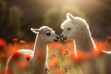Two friendly alpacas in a summer meadow full of flowers. Llamas are in a romantic mood during the sunset. Generative AI
