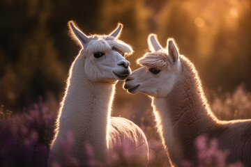 Two friendly alpacas in a summer meadow full of flowers. Llamas are in a romantic mood during the sunset. Generative AI