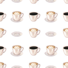 Watercolor seamless pattern coffee, latte, cappuccino with froth, decorated with heart. Hand-drawn illustration isolated on white background. Perfect food menu, concept for cafe, restaurant element