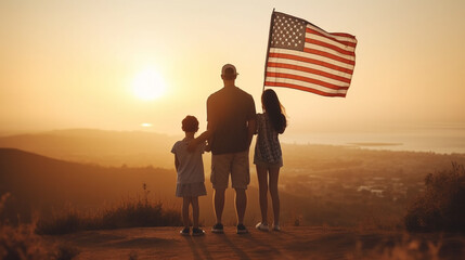 A happy family with an american flag at sunset, Generated AI