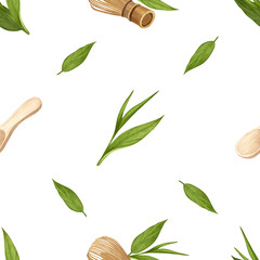 Watercolor seamless pattern matcha tea and utensils for japanese tea ceremony. Hand-drawn illustration isolated on white background. Perfect concept for cafe, restaurant, menu Japanese tea ceremony