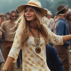 hippie at woodstock 1969 festival style, unpublished style created Hippie style Commercial , IA generativa