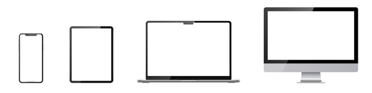 Set of phone, tablet, laptop, monitor on transparent background with transparent screen. Png illustration.