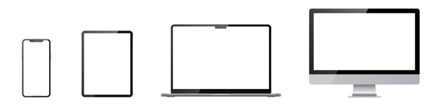 Set of phone, tablet, laptop, monitor on transparent background with transparent screen. Vector illustration.