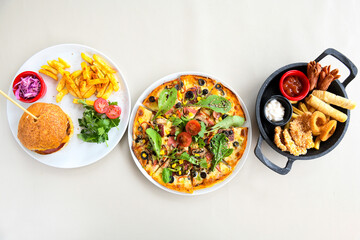Delicious mixed pizza with rich content. Menu concept of choice and diversity. Karisik pizza