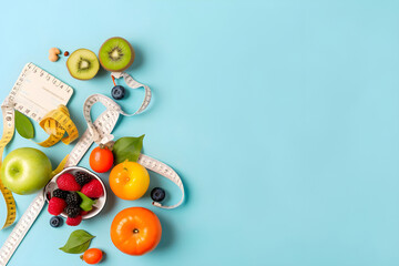 Naklejka na ściany i meble Diet concept. Composition of healthy food and measuring tape. Flat lay, light blue bakground, space for text. AI generated