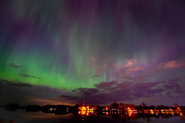 Northern Lights Over the Wisconsin River in Stevens Point April 2023 - obrazy, fototapety, plakaty