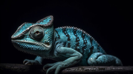 Blue chameleon on a black background. Close-up.generative ai