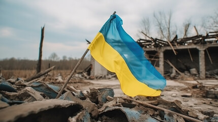 victory flag of Ukraine on the ruins of the destroyed city and buildings - obrazy, fototapety, plakaty
