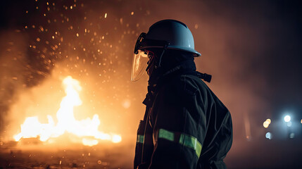 Naklejka premium Firefighter from the back watching a fire in a street, orange bokeh background, spark and contraste color, firefighter helmet and equipment, AI 